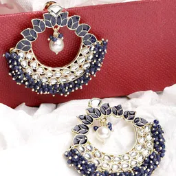KARATCART Women Gold-Plated & Navy Blue Contemporary Chandbalis Earrings-image-58