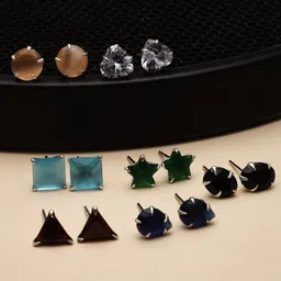 ZENEME Set of 7 Rhodium-Plated Geometric AD studded Studs Earrings-image-45