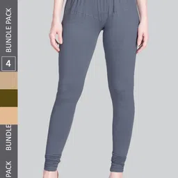 LYRA Women Pack Of 4 Churidar-Length Cotton Lycra Leggings-image-53