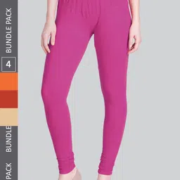 LYRA Women Pack Of 4 Churidar-Length Cotton Lycra Leggings-image-95