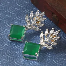 Jewar Mandi Silver Plated Leaf Shaped Cubic Zirconia Drop Earrings-image-96