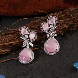 Adwitiya Collection Silver-Plated Pink & White American Diamond Stone Drop Earrings-picture-5