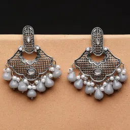 ADIVA Silver-Plated Pearl Beaded & Stone-Studded Oxidised Drop Earrings-picture-15