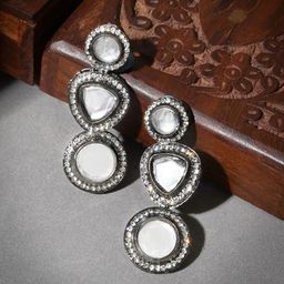 TEEJH Silver-Plated Oxidised Classic Artificial Stones Studded Drop Earrings-picture-44