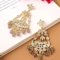 Yellow Chimes Women Gold-Toned & Grey Studded Kundan Beads Long Dangler Earrings-picture-32