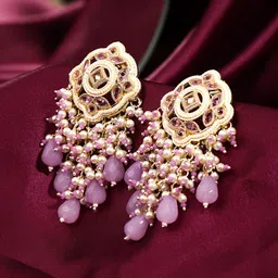 Yellow Chimes Women Pink Gold-Plated Beaded Enamelled Drop Earrings-picture-48