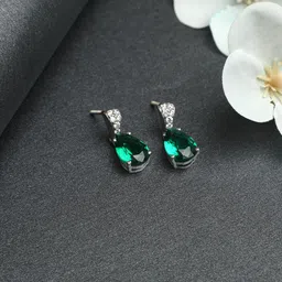 Clara Silver-Toned & Green Rhodium-Plated 92.5 Sterling Silver CZ Studded Drop Earrings-picture-45