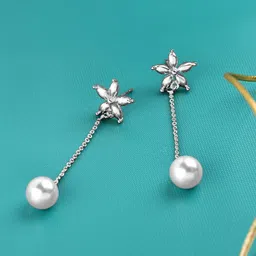 AMI White Silver-Plated Cubic Zirconia & Pearls Studded Floral Drop Earrings-image-6