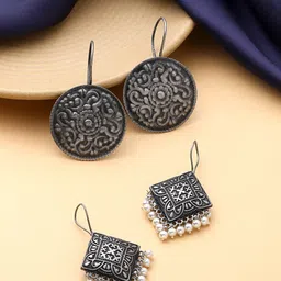 Yellow Chimes Set Of 2 Silver-Plated Oxidised moti Beaded Contemporary Drop Earrings-picture-55
