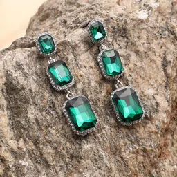 SOHI Gold Plated Green Contemporary Drop Earrings-image-97