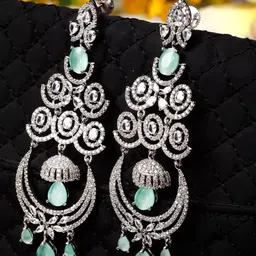 ZENEME Silver-Plated & Lime Green American Diamond Studded Contemporary Drop Earrings-picture-35