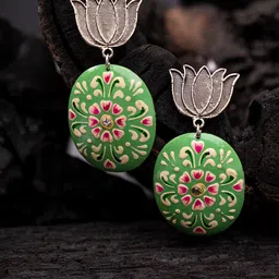 Shoshaa Silver-Plated Green & Pink Floral Drop Earrings image 1