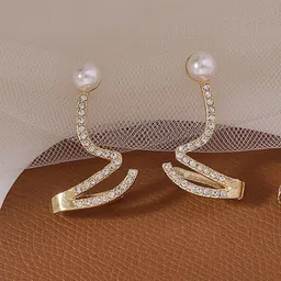 Pinapes Gold-Plated Classic Stone Studded & Beaded Drop Earrings image 1