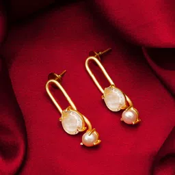 aadita Gold-Pleated Stone Studded Drop Earrings image 1