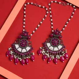 PANASH Oxidised Silver-Toned & Pink Crescent Shaped Drop Earrings-picture-27