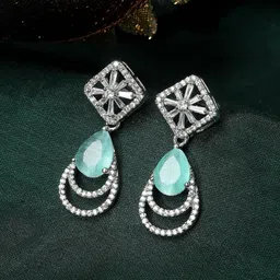 ZENEME Rhodium Plated Teardrop Shaped American Diamond Studded Drop Earrings-picture-11