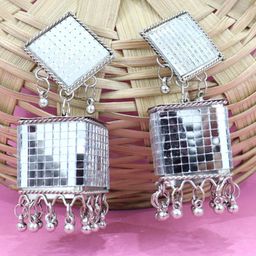 VAGHBHATT Silver-Plated Square Shaped Beaded Mirror Work Jhumkas-picture-6
