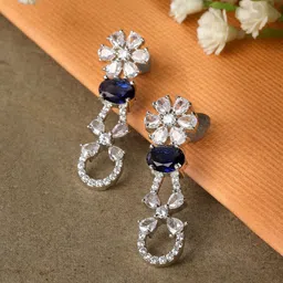 ZENEME Rhodium Plated Floral Shaped American Diamond Studded Drop Earrings-picture-10