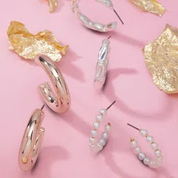 AMI Set of 3 Gold-Plated & White Contemporary Half Hoop Earrings-picture-25