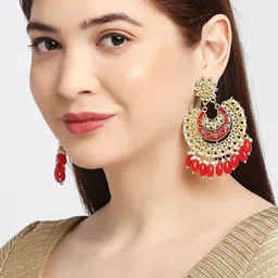 OOMPH Red Meenakari Enamel with Kundan and Pearls Chandbalis Earrings image 1