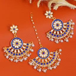 Crunchy Fashion Gold-Toned & Blue Contemporary Chandbalis Earrings with Maang Tika-picture-16