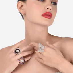 Zaveri Pearls Set Of 3 Rose Gold-Plated Stone Studded Finger Rings-picture-36