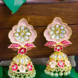 PRIVIU Pink Classic Gold Plated Jhumkas Earrings-picture-30