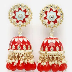 Aazeen Gold-Plated Dome Shaped Kundan And Beaded Jhumkas Earrings-image-31