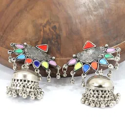 FIMBUL Silver-Plated Mirror Work Oxidised Dome Shaped Jhumkas-image-8