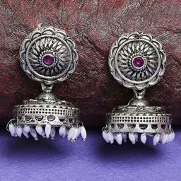 OOMPH Silver Plated Dome Shaped Stone Studded & Beaded Jhumkas-picture-39