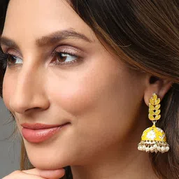 SOHI Yellow & White Gold-Plated Floral Jhumkas Earrings-picture-38
