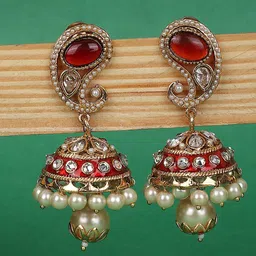 ANIKAS CREATION Red & Gold-Plated Dome Shaped Jhumkas Earrings image 1