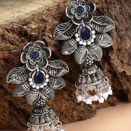 KARATCART Silver Plated Kundan Studded Oxidised Jhumkas-picture-31