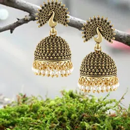 MEENAZ Gold-Plated 22kt Gold Oxidised Meenakari Pearls Contemporary Jhumka-picture-25