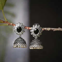 Bamboo Tree Jewels Silver-Plated Stone-Studded Dome Shaped Jhumkas-image-2