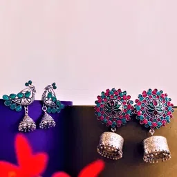 ATIBELLE Set of 2 Silver Plated Stone Studded Peacock & Floral Shaped Jhumkas-image-15