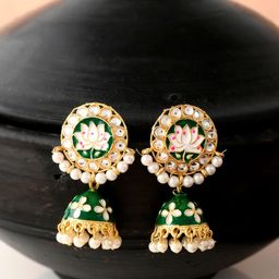 Silvermerc Designs Green & Gold-Toned Kundan Studded Contemporary Jhumkas Earrings-picture-20