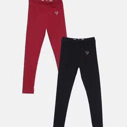 TWIN BIRDS Girls Pack Of 2 Black & Maroon Solid Pure Cotton Ankle-Length Leggings-image-36