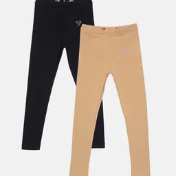 TWIN BIRDS Girls Pack Of 2 Beige & Black Solid Ankle-Length Pure Cotton Leggings-image-78
