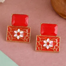 Silvermerc Designs Red & Gold-Plated Square Chalcedony Meenakari Studs Earrings-picture-22
