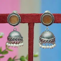 Ozanoo Silver Plated Dome Shaped Stones Studded & Beaded Jhumkas-picture-15