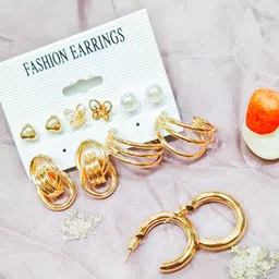 FEMMIBELLA Set Of 6 Gold-Plated Hoop & Stud Earrings-picture-41