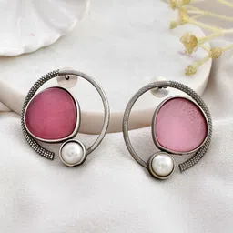 DASTOOR Silver-Plated Stone-Studded & Beaded Contemporary Studs Earrings-picture-18