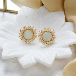 TEEJH Gold-Plated Stone Studded & Beaded Stud Earrings-picture-19