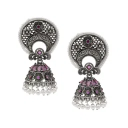 Shining Jewel - By Shivansh Silver-Plated Dome Shaped Cubic Zirconia Jhumka Earrings-picture-31