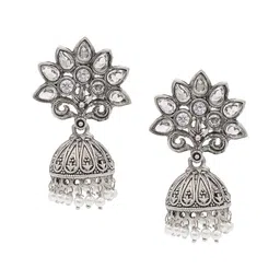 Shining Jewel - By Shivansh Silver-Plated Brass Dome Shaped Cubic Zirconia Jhumka Earrings-image-57