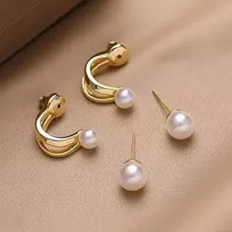 CareDone Gold-Plated Pearls Studded Contemporary Shaped Studs-image-0