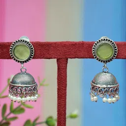 Ozanoo Silver-Plated Stone Studded & Beaded Floral Jhumkas-picture-14
