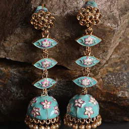 Sangria Gold-Plated Stone Studded Floral Meenakari Long Jhumka image 5