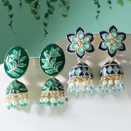 Zaveri Pearls Pack Of 2 Blue & Green Dome Shaped Jhumkas Earrings-picture-38